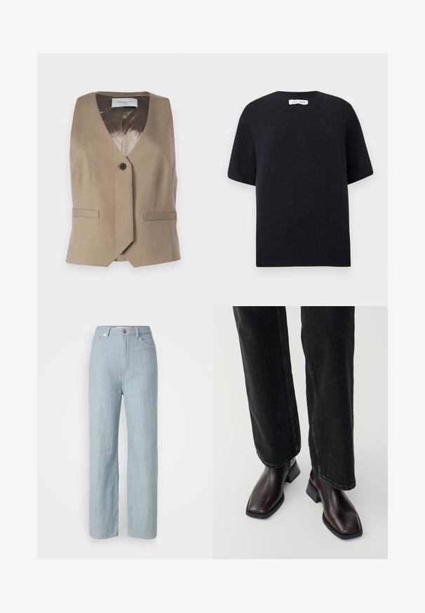 Brauner ärmelloser Weste aus strukturiertem Stoff, mit V-Ausschnitt, einem Knopfverschluss und zwei Vorderentaschen. Gefüttert mit einem gemusterten Innenfutter.; Schwarzer, gestrickter Pullover mit kurzen Ärmeln, rundem Halsausschnitt und geripptem Saum. Glatte Textur mit lässiger Passform. Minimalistisches Design.; Helle blaue gerade geschnittene Jeans aus Denim. Verfügt über fünf Taschen, einen Metallknopfverschluss und dezente Waschungen für zusätzliche Textur.; Braune Lederstiefeletten mit quadratischer Spitze und Blockabsatz, kombiniert mit schwarzen weit geschnittenen Jeans. Glatte Textur und minimalistisches Design.