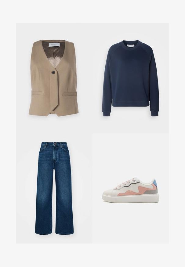 Brūns bez piedurknēm vests, izgatavots no teksturēta auduma, ar V-veida kakla izgriezumu, vienu pogu aizdari un divām priekšējām kabatām. Iekšpuse ir oderēta ar rakstainu audumu.; Tums zilā zīda krekli ar garām raglanu piedurknēm, apaļu apkakli un ribotām aprocēm. Tekstūru audums un smalka logo uz priekšpuses.; Ilga piedurkne balta T-krekls, izgatavots no mīksta, viegla auduma; tam ir apaļas kakla izgriezums un nedaudz brīvs piegriezums; uz sāna redzama birka.; Augsti vidukļa, plata kāju džinsi tumši zilā denima ar gludu tekstūru, kontrastējošu šuvju un piecu kabatu dizainu. Priekšpuses pogu aizdare.; Zemāko kedu apavi ar baltu sintētisku virsu, rozā un pelēku zamšu akcentiem, strukturētu baltu gumijas zoli un košām šņorēm.