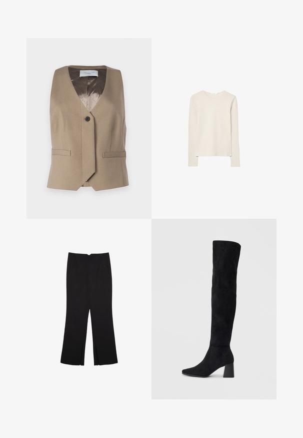 Smeđa bezrukavna prsluk od teksturiranog materijala, sa V-izrezom, jednostrukim dugmadom i dva prednja džepa. Podstavljene unutrašnjosti sa uzorkom.; Svijetlo bež majica dugih rukava napravljena od mekanog materijala, s okruglim izrezom i opuštenim krojem s ravnim rubom i minimalnim detaljima šivanja.; Crne hlače ravnog kroja, s prednjim džepovima i bočnim prorezima na rubu. Izrađene od mekog i glatkog materijala. Pogodne za razne prigode.; Crne antilop čizme do koljena s blok potpeticom, šiljastim prstom i glatkim, bešavnim dizajnom na običnoj svijetloj pozadini.