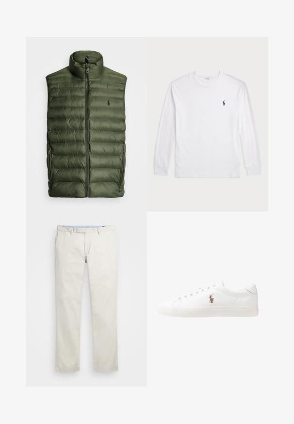 Polo Ralph Lauren THE COLDEN PACKABLE GILET - Vest - cruise olive; Hvit langermet T-skjorte laget av bomull. Har rund hals, ribbestrikkede mansjetter, og en liten marineblå polo-logo på venstre bryst.; Beige bomullskjoler med flat front, beltehemper og sidelommer. Rett ben-design med en glatt tekstur og en lett, pustende følelse.; Hvite lærsko, lavt design, med en glatt tekstur, rund tå, snøring foran, og en liten brodert logo på siden.