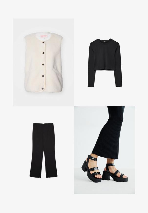 Luddig krämfärgad ärmlös väst med rund halsringning, fem mörkbruna knappar och två sidofickor. Avslutad med en krämfärgad kant.; Svart långärmad croppad topp med rund halsringning, enkel design och en något rundad nederkant.; Svarta byxor med rak passform, utrustade med framfickor och sidoklyvningar vid fållen. Tillverkade av mjukt, slätt tyg. Lämpliga för olika tillfällen.; Svarta plattformssandaler med kraftiga yttersölar och flera remmar, med metalspännen och en slät läderliknande yta.