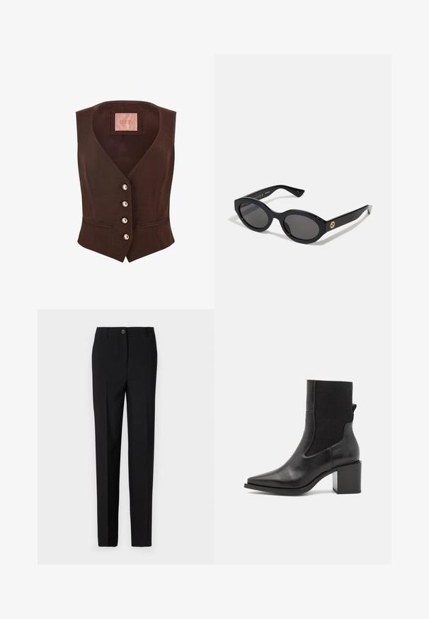 Braune, taillierte Weste mit V-Ausschnitt, fünf silbernen Knopfverschlüssen und zwei vorderen Taschen. Das Etikett trägt "GUESS" in Pink auf der Innenseite.; Langärmliges Oberteil mit Leopardenmuster und hohem Kragen, aus elastischem Stoff gefertigt. Hat einen beigefarbenen Grundton mit braunen Flecken. Glatte Textur, figurbetontes Design.; Schwarze, maßgeschneiderte Hose mit geradem Bein, ausgestattet mit einem Knopfverschluss und Gürtelschlaufen, aus glattem Stoff gefertigt.; Schwarze Stiefelette mit spitzem Schuhschnitt, aus glattem Leder und elastischem Stoff gefertigt. Mit Blockabsatz und minimalistischem Design.; Schwarze ovale Sonnenbrille mit dunklen Gläsern und glänzendem Kunststoffrahmen. Mit goldenem Logo am Bügel, das ein elegantes und modernes Design bietet.