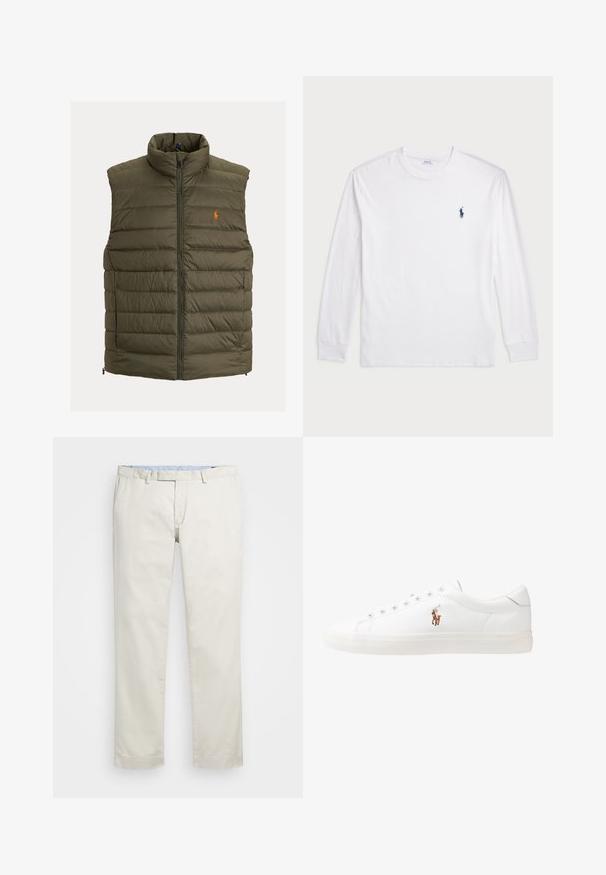 Olivově zelená prošívaná vesta s vysokým límcem, předním zapínáním na zip, vodorovným prošíváním a malým logem na hrudi. Lehké materiál.; Bílé tričko s dlouhým rukávem vyrobené z bavlny. Má kulatý výstřih, žebrované manžety a malé námořnické modré logo polo na levé hrudi.; Béžové bavlněné chinos kalhoty s plochým předním dílem, poutky na opasek a bočními kapsami. Rovný střih s hladkou texturou a lehkým, prodyšným pocitem.; Bílé kožené tenisky, nízký střih, s hladkým povrchem, kulatou špičkou, šněrováním v přední části a malým vyšitým logem na boku.