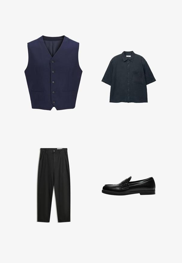 Sötétkék mellény, texturált anyagból készült, kivágott gallérral, hat elülső gombbal és két oldalzsebbel. Simára bélelt belső rész.; Sötétkék, rövid ujjú gombos ing, könnyű anyagból készült, mellzsebbel és klasszikus galléros kialakítással.; Fekete pamut nadrág laza szabással, klasszikus derékrésszel, elülső hajtásokkal és oldalsó zsebekkel. Simább textúra minta nélkül.; Fekete bőr loafer sima felülettel, a vamp-on varrási részlettel és alacsony, szilárd fekete gumitalppal.