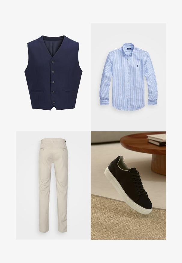 Tamsiai mėlyna liemenė, pagaminta iš tekstūruoto audinio, su įpjovimu, šešiais priekiniais mygtukais ir dviem šoniniais kišenėmis. Lygus vidinis pamušalas.; Mėlynos ir baltos dryžuotos ilgomis rankovėmis medvilninė marškiniai, turintys sagtelę ant apykaklės, priekinius mygtukus ir mažą išsiuvinėtą logotipą krūtinėje.; Bežinės kelnės su lygia tekstūra, tiesiu pjūviu, dviem užpakalinėmis kišenėmis su sagomis ir standartine juosmena.; Juodas sportinis batelis su baltu padu, lekiančius virš smėlio spalvos tekstūruoto kilimo šalia apvalaus medinio stalo su sukrautomis knygomis.