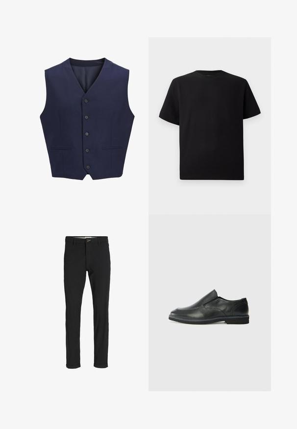 Vesta bleumarin, confecționată dintr-un țesătură texturată, cu guler în formă de șanț, șase butoane frontale și două buzunare laterale. Două pe interior neted.; Tricou negru cu mânecă scurtă, realizat dintr-un material texturat, cu decolteu rotund și o croială relaxată. Simplu, fără modele sau accente.; Pantaloni negri din bumbac cu un croi slim, având închidere cu nasture, buzunare și manșete răsturnate pentru un aspect casual.; Pantof de piele neagră, tip slip-on, cu un superior neted, accente cusute, vârf rotunjit și un toc jos din cauciuc. Talpa are un profil minim de aderență.
