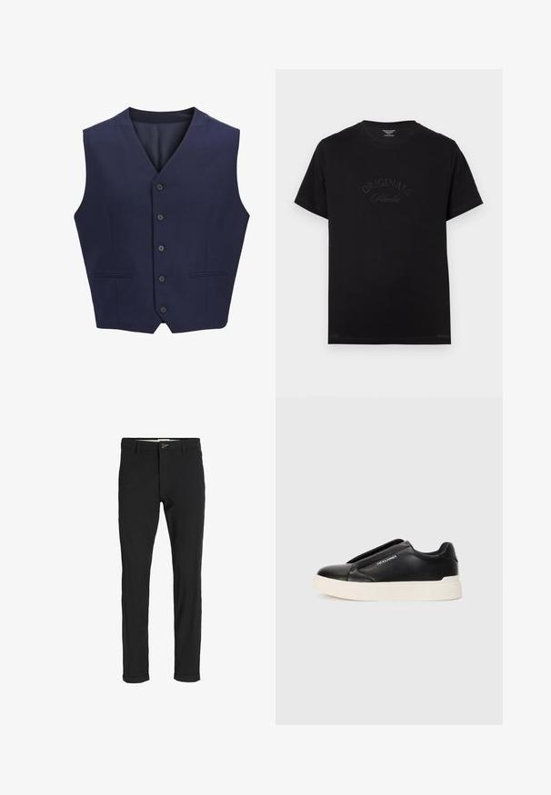 Tumesinine vest, valmistatud tekstuuriga kangast, millel on nurga all krae, kuus eesmist nööpi ja kaks küljetaskut. Sile sisemine vooder.; Must t-särk lühikeste varrukatega ja ümmarguse kaelusega. Esiküljel on hõbedaselt kirjeldatud "ORIGINALS Studio".; Mustast puuvillasegustest pükstest õhukese lõikega, milles on nööbikinnitus, taskud ja keeratud sääred, et saavutada lõdva lõppviimistluse.; Must musta kingad tekstureeritud nahast pealmise osaga, valge kummist tallaga ja nähtamatute paeltega. Küljel on brändi logo.