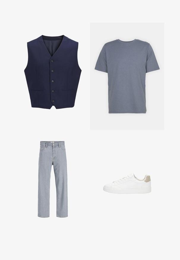 Temno modra brezrokavnik, izdelan iz teksturirane tkanine, z izrezanim ovratnikom, šestimi sprednjimi gumbi in dvema stranskima žepoma. Gladko notranje podlogo.; Siv majica s kratkimi rokavi in okroglo ovratnikom, izdelana iz mehkega bombažnega blaga. Preprost dizajn, brez vzorcev ali dodatkov.; Svetlo modri kavbojki s sproščenim krojem, naravnost oblikovani nogi, vidnimi šivi, dvema sprednjima žepoma in gumbnim zapiranjem.; Bele teneške z gladkim usnjenim zgornjim delom in okroglo konico. Imajo peščeno suknjično peto, ravne vezalke in belo gumijasto podplat.