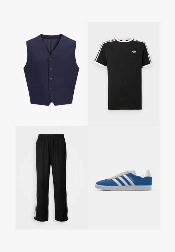 Jūras zila veste, izgatavota no teksturēta auduma, ar iedobtu apkakli, sešiem priekšējiem pogām un divām sānu kabatām. Gluda iekšējā oderējuma.; Melna kokvilnas T-kreklu ar baltajiem akcentiem. Iezīmes īsas piedurknes, raglanu dizains un mazs logo uz krūšu. Trīs baltas svītras uz pleciem.; Melni sporta bikses ar elastīgu jostas vietu, kurām ir baltas sānu svītras un neliels logotips. Materiāls izskatās mīksts un viegls.; adidas Originals ADIDAS GAZELLE SHOES - Futbola apavi iekštelpām - real madrid/bluebird/footwear white/crew yellow