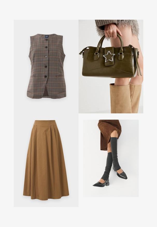 Bezsifona plāna veste ar pieciem melniem pogām, divām priekšējām kabatām ar šķēlumu un apaļu izgriezumu, brūnā un nēģējamās krāsās.; Balta pogājamā krekla augšdaļa, izgatavota no gluda kokvilnas, ar klasisku apkakli, garām piedurknēm un izliekto apakšmalu. Pogas ir mazas un baltas.; Brūna kokvilnas A formas svārki ar augstu jostasvietu, kurai priekšā ir krokas un gluda tekstūra. Apakšmala ir tīra un vienkārša.; Melnas laka ādas apavi ar norādītu purngalu, blokveida papēdi un potīšu jostu, saskaņoti ar pelēkām ribotām kāju sildītājām un brūnu zamšādas svārku.; Olive zaļš mākslīgās ādas rokassomu ar sudraba zvaigznes akcentu, divām rokturiem un rāvējslēdzēja aizdari. Strukturēta forma un teksturēta virsma.