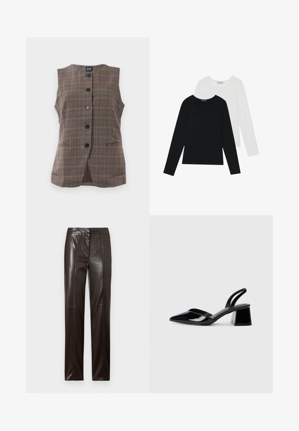 Ärmellose karierte Weste mit fünf schwarzen Knöpfen, zwei vorderen Eingrifftaschen und rundem Ausschnitt, in braunen und gedeckten Tönen.; Zwei Langarmoberteile, eines schwarz und eines weiß, beide mit einem quadratischen Ausschnitt und aus weichem, dehnbarem Stoff.; Dunkelbraune gerade geschnittene Lederhosen mit glatter Oberfläche und dezenten Nahtdetails an der Vorderseite.; Schwarze Lackleder-Slingback-High Heels mit spitzem Schuh und einem geometrischen Blockabsatz. Verfügt über ein schlankes, minimalistisches Design und eine glatte Textur.