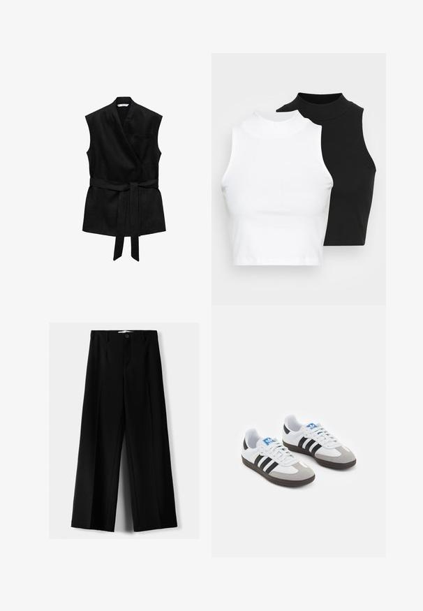 Mango Bodywarmer - black; Twee mouwloze ribgebreide coltruien in zwart en wit, met een slim fit ontwerp en een gladde textuur, met een cropped lengte.; Zwarte wijde broek van lichtgewicht stof, met een knoopsluiting aan de voorkant en een vlakke achterkant, afgewerkt met keurig gestikte zoom.; Sportschoenen met een witte leren bovenkant, grijze suède neus en drie zwarte strepen. Bevat een blauw logo op de tong en een gestructureerde rubberen zool.