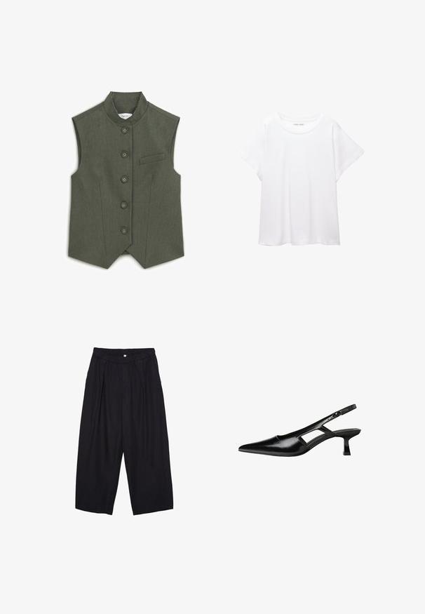 Gilet sans manches en tissu vert foncé, avec un col mandarin, une fermeture à six boutons et une petite poche sur la poitrine gauche. Design texturé.; T-shirt blanc en tissu doux et léger. Il présente un col rond et des manches courtes et larges avec une coupe décontractée. Aucun motif visible.; Pantalon culotte noir en polyester avec une taille élastique, deux plis avant et une silhouette ample. Pas de motifs visibles ni de détails matériels.; Escarpins slingback en cuir verni noir avec un bout pointu, un design découpé sur les côtés et un petit talon carré. Texture lisse avec des accents minimaux.