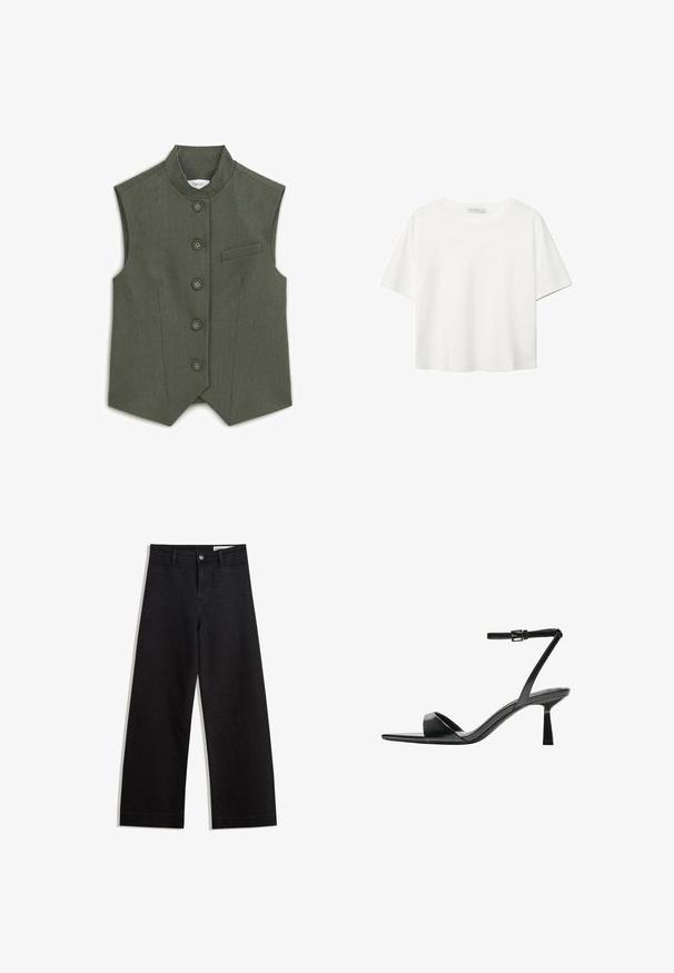 Mouwloos vest in donkergroene stof, met een opstaande kraag, zes knoopsluiting en een klein vakje op de linkerkant van de borst. Gestructureerd ontwerp.; Witte korte mouwen t-shirt van katoen. Heeft een ronde halslijn en een ontspannen pasvorm. Glad textuur zonder zichtbare patronen of accenten.; Zwarte denim broek met wijde pijpen en een hoge taille, voorzien van voor- en achterzakken, gestikte naden en een knoopsluiting. Gladde textuur.; Bershka Sandalen met hoge hak - black
