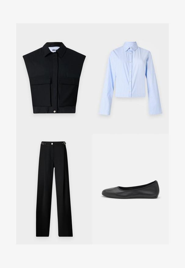 Schwarzes cropped Shirt mit strukturiertem Kragen, kurzen Ärmeln und zwei vorderen Taschen. Hergestellt aus einem glatten Stoff mit Knopfverschluss.; Helles blaues, kurzes Hemd mit vertikalen weißen Streifen, langen Ärmeln, einer Knopfleiste und einem klassischen Kragen. Glatte Stoffoberfläche.; Schwarz mit weitem Bein geschnittene Hose aus strukturiertem Stoff, mit einem Bund mit silberner Hardware und einem Knopfverschluss.; Schwarze Leder-Ballettschuhe mit abgerundeter Spitze, glatter Textur, minimalen Nähdetails und einem flexiblen Sohlen-Design.
