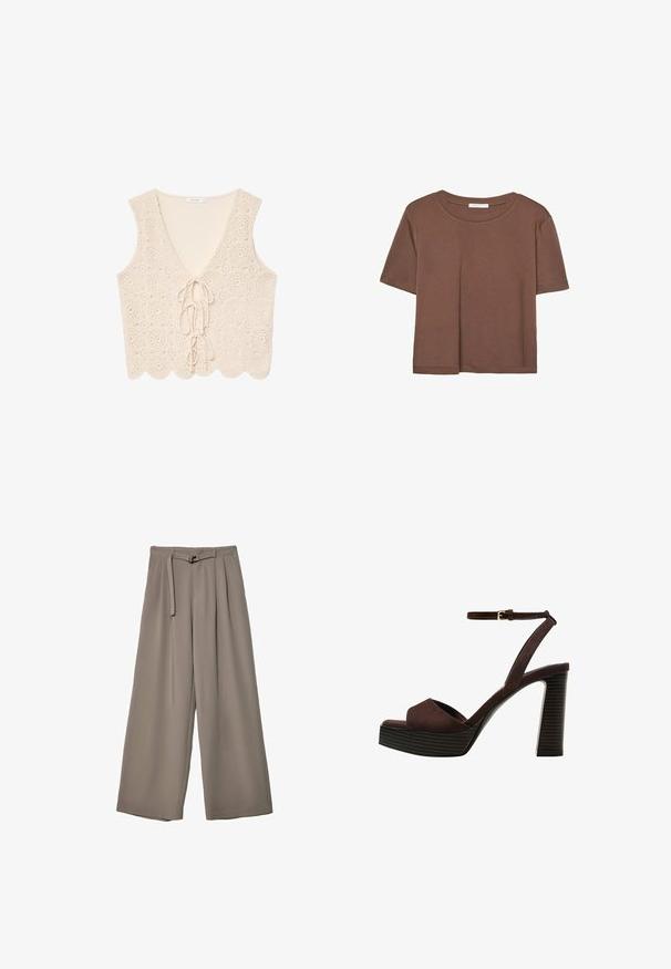 Top in pizzo color crema con scollatura a V, caratterizzato da un motivo all'uncinetto, orlo a onde e chiusura con laccetto davanti.; Maglietta a maniche corte marrone realizzata in tessuto morbido, con scollatura rotonda e vestibilità rilassata. Nessun motivo o dettaglio visibile.; Pantaloni a gamba larga in un morbido tessuto grigio tenue, con vita con cintura e pieghe per un tocco di design aggiuntivo. Texture liscia, senza motivi.; Sandal in camoscio marrone con tacco alto, punta aperta, cinturino alla caviglia regolabile e suola a piattaforma striata.