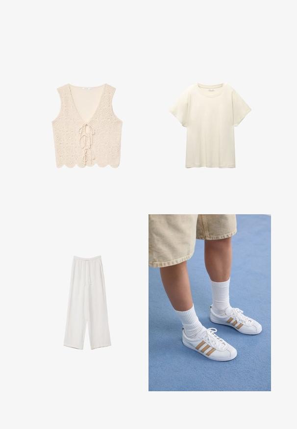 Kreemivärvi pitsiline top V-kaelusega, millel on heegeldatud muster, laineline äär ja ees seotud sulgemine.; Vaaleanbeige lyhythihainen t-paita, jossa on pyöreä kaula-aukko, valmistettu pehmeästä ja sileästä kankaasta. Ominaisuuksina rento mitta ja suora helma.; Valkoiset leveälahkeiset housut kevyestä kankaasta. Ominaisuuksiin kuuluu elastinen vyötärö, jossa on nauhakuuluma ja sivutaskut. Sileä rakenne.; Valkoiset tennarit, joissa on kolme kultasta raidat, nauhakiinnitys, kumipohja, yhdistettynä ribbatun valkoisen sukan ja beigen shortsien kanssa sinisellä pinnalla.