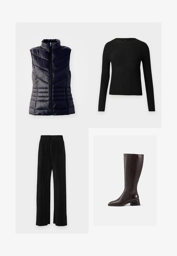 Navy padded vest with a high collar, featuring chevron stitching, a front zipper, and no sleeves. Smooth, shiny texture.; Black ribbed long-sleeve fitted sweater with a round neckline, displayed against a plain light background.; Black pleated trousers with an elastic waistband. Features wide legs and a smooth, textured fabric with vertical stripes.; Knee-high brown leather boots with a smooth finish, rounded toe, and a stacked black heel. Simple design with minimal hardware details.