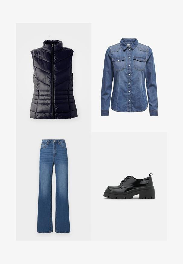 Vesta căptușită navy cu guler înalt, având cusături în formă de V, fermoar frontal și fără mâneci. Textură netedă și lucioasă.; Cămașă din denim de culoare albastru închis, cu guler, mâneci lungi, două buzunare pe piept și detalii de cusătură contrastante.; Jeans de denim cu talie înaltă și picioare largi, de culoare albastră, având un design clasic cu cinci buzunare și o ușoară decolorare pe lângă picioare.; Pantofi din piele lacuită neagră cu o talpă platformă masivă și șireturi groase. Vârf rotunjit, detalii minime și o mică bucată de suport la spate.
