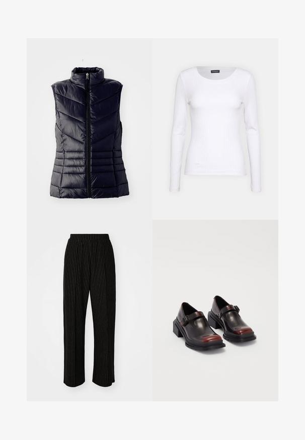 Navy padded vest with a high collar, featuring chevron stitching, a front zipper, and no sleeves. Smooth, shiny texture.; White ribbed long-sleeve top with a round neckline. Made from a stretchy fabric that hugs the body. Features subtle horizontal lines.; Black, wide-leg pants with white vertical pinstripes, featuring an elastic waistband for comfort and a smooth, soft texture.; Leather block-heeled shoes with a shiny dark burgundy finish, featuring a buckle strap and rounded toe design. Textured outsole for grip.