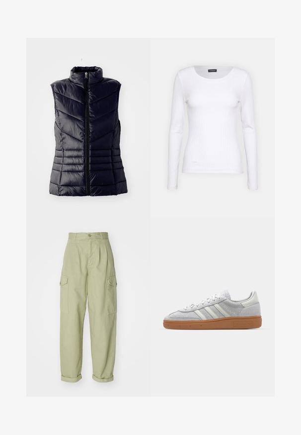 Granatowa ocieplana kamizelka z wysokim kołnierzem, z przeszyciami w jodełkę, z zamkiem błyskawicznym z przodu i bez rękawów. Gładka, błyszcząca tekstura.; Biała, prążkowana bluzka z długim rękawem i okrągłym dekoltem. Wykonana z elastycznej tkaniny, która dobrze przylega do ciała. Posiada subtelne poziome pasy.; Jasnozielone spodnie cargo wykonane z bawełnianej tkaniny. Charakteryzują się wysokim stanem, podwiniętymi mankietami oraz dwiema bocznymi kieszeniami cargo dla zwiększonej użyteczności.; Jasnoszare zamszowe sneakersy z białymi skórzanymi akcentami, trzema białymi paskami i brązową gumową podeszwą, z wyściełanym kołnierzem dla komfortu.