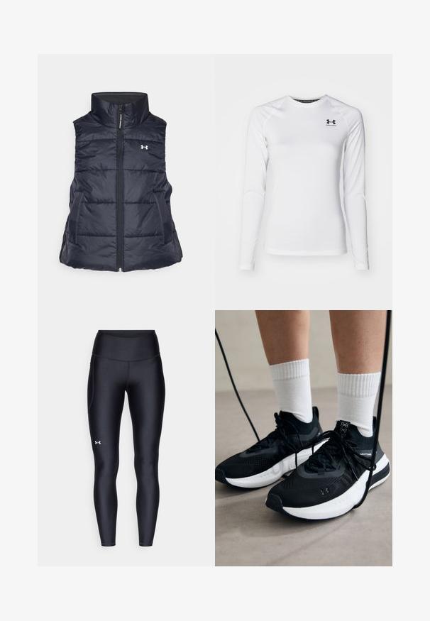 Black puffer vest with high collar, zip closure, and side pockets. Features quilted texture and Under Armour logo on left chest.; Long-sleeve white athletic shirt made of smooth fabric, featuring a crew neck and black logo on the upper left chest.; Black leggings made of smooth, stretchy material with a high waistband. Features a white logo on the left thigh and fitted design.; Black athletic shoes with textured fabric, white sole, and black laces. Worn with white ribbed socks, standing on a light surface.