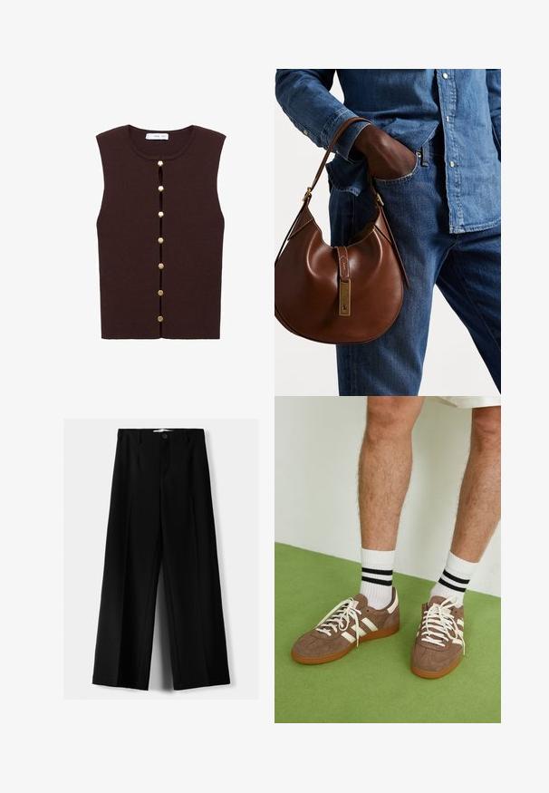 Ruskea ribattuja hihaton paita, jossa on pyöreä pääntie ja pystysuora nappilistaan, jossa on kuusi kultasävyistä nappia edessä.; Tummansininen puuvillainen t-paita, jossa on lyhyet hihat ja pyöreä pääntie. Vasemmassa rinnassa on pieni punainen brodeerattu logo.; Mustat leveälahkeiset housut, jotka on valmistettu kevyestä kankaasta. Housuissa on etunappikiinnitys ja tasainen etuosa, sekä huolellisesti ommellut helmat.; Ruske nahkate sneakerit valkoisilla korostuksilla ja nauhoilla. Kumi-gumipohja. Yhdistetty valkoisiin sukkiin, joissa on mustia raitoja. Vihreä teksturoitu lattia.; Ruskea nahkainen hobo laukku pyöreällä muotoilulla, jossa on kultaiset yksityiskohdat ja kontrastiväriommeltu. Yhdistetty farkkupaitaan ja farkkuihin.