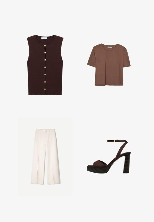 Hnedý rebrovaný bezrukávový top s okrúhlym výstrihom a vertikálnym zapínaním na šesť zlatých gombíkov po celej prednej strane.; Hnedé tričko s krátkym rukávom vyrobené z jemného materiálu, s okrúhlym výstrihom a voľným strihom. Žiadne viditeľné vzory ani akcenty.; Krémové široké nohavice s nohavicami na mieru, s dvoma prednými vreckami a jedným predným zapínaním na gombík, vyrobené z hladkej tkaniny.; Hnedé semišové sandále na vysokom podpätku s otvorenou špičkou, nastaviteľným členkovým remienkom a pruhovanou platformovou podrážkou.