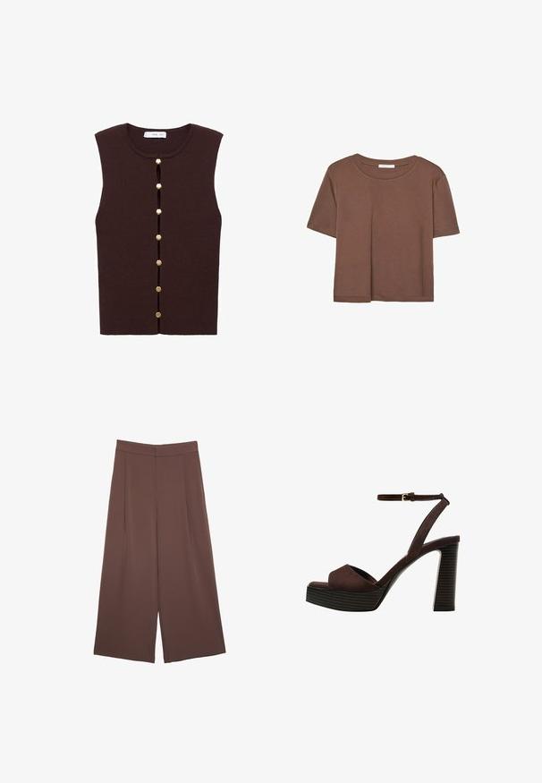 Smeđi rebrasti majica bez rukava s okruglim izrezom i vertikalnim zatvaranjem na gumbe koje sadrži šest dugmadi zlatne boje duž prednje strane.; Smeđi kratki rukav majica od mekog materijala, s okruglim izrezom i opuštenim krojem. Nema vidljivih uzoraka ili naglasaka.; Smeđe hlače širokog kroja s glatkom teksturom, koje imaju visok struk i nabore sprijeda. Tkanina je lagana i slobodno se kreće.; Smeđe zamšaste sandale s visokim potpeticama, otvorenim prstima, podesivom trakicom oko gležnja i prugastom platformom.