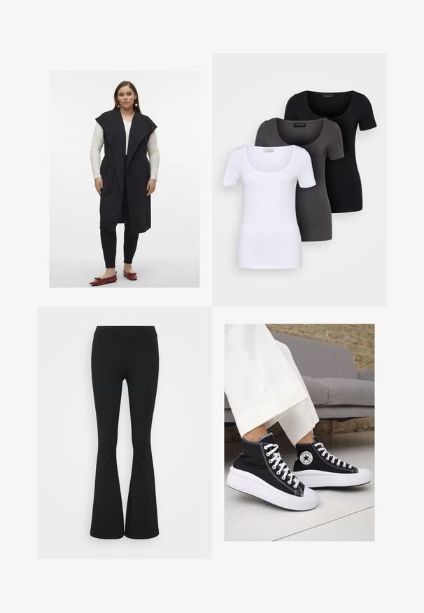 Dolgo črn brezrokavnik z draperijskim ovratnikom, izdelan iz gladkega blaga. Nosi se preko bele majice z dolgimi rokavi, v kombinaciji s črnimi hlačami in rdečimi čevlji.; Tri prilegla majica v beli, sivi in črni barvi. Vsaka ima širok izrez na vratu in kratke rokave. Narejene so iz gladkega, raztegljivega materiala.; Črne hlače s širokimi hlačnicami, izdelane iz raztegljive tkanine, z visokim pasom in gladko teksturo. Hlače se širijo od kolena navzdol.; Črne platnene visoke superge z belimi gumijastimi podplati in vezalkami. Imajo krožni logotip na strani in kontrastno bele šive.