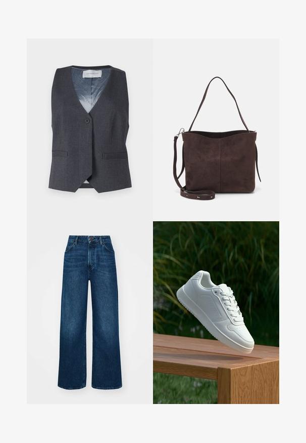 Sivi prsluk s V-izrezom, jednim prednjim gumbom i dva bočna džepa. Unutrašnjost ima plavu podstavu s suptilnim uzorkom.; Nautički plavi dukserica s dugim raglan rukavima, okruglim izrezom i rebrastim manžetama. Tekstuirani materijal i suptilni logo sprijeda.; Traperice viskog struka i širokih nogavica tamnoplave boje s glatkom teksturom, kontrastnim šavovima i dizajnom s pet džepova. Prednje zakopčavanje na gumb.; Bijela tenisica sa glatkim sintetičkim gornjim dijelom, perforiranim prednjim dijelom, ravnim vezicama i teksturiranom potplatom, prikazana na drvenoj površini.; Smeđa suđena torba s mekanom teksturom, s jednim remenom za rame i suptilno zakrivljenim gornjim otvorom. Nema vidljivih dijelova od hardvera.