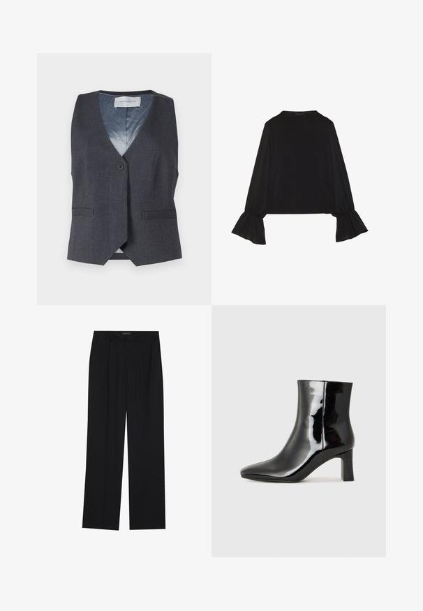 Grå vest med V-hals, enkelt frontknapp og to sidelommer. Innvendig har den et blått fôr med et subtilt mønster.; Svart langermet topp med utsvingte mansjetter, myk tekstur og avslappet passform, med enkel rund hals.; Sorte bukser med rette ben, som har to frontlommer og en talje. Laget av et glatt, lett stoff.; Sorte patentlær ankle boot med spiss tå og en mellomhøy blokkhelt. Glatt tekstur og minimalistisk design.