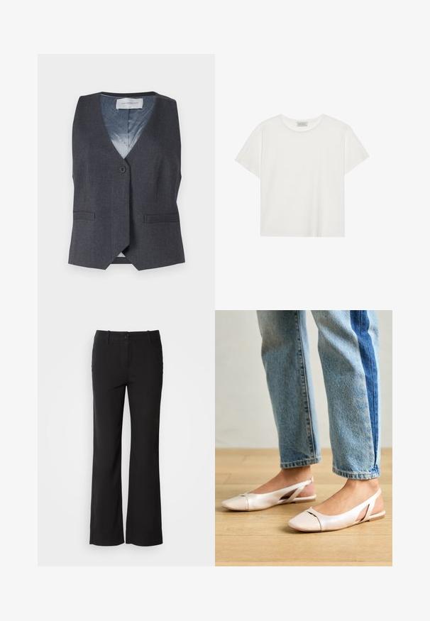 Pilkas liemenė su V formos iškirpte, vienu priekyje esančiu mygtuku ir dviem šoninėmis kišenėmis. Vidus turi mėlyną pamušalą su subtiliu raštu.; Balta trumpa rankovė T-marškiniai, pagaminti iš minkštos medvilnės. Charakterizuojami apvali kaklo iškirpte ir laisvu siluetu. Švarus dizainas be matomų raštų ar akcentų.; Juodi medvilnės mišinio kelnės su tiesiu kirpimu, priekyje su mygtukų užsegimu ir dviem šoninėmis kišenėmis. Lygi tekstūra, be matomų raštų.; Šviesiai rožiniai slingback baleto bateliai su smailiu pirštu, pagaminti iš lygios odai panašios medžiagos. Yra išpjovimų detalės šonuose ir plokščias kulnas.