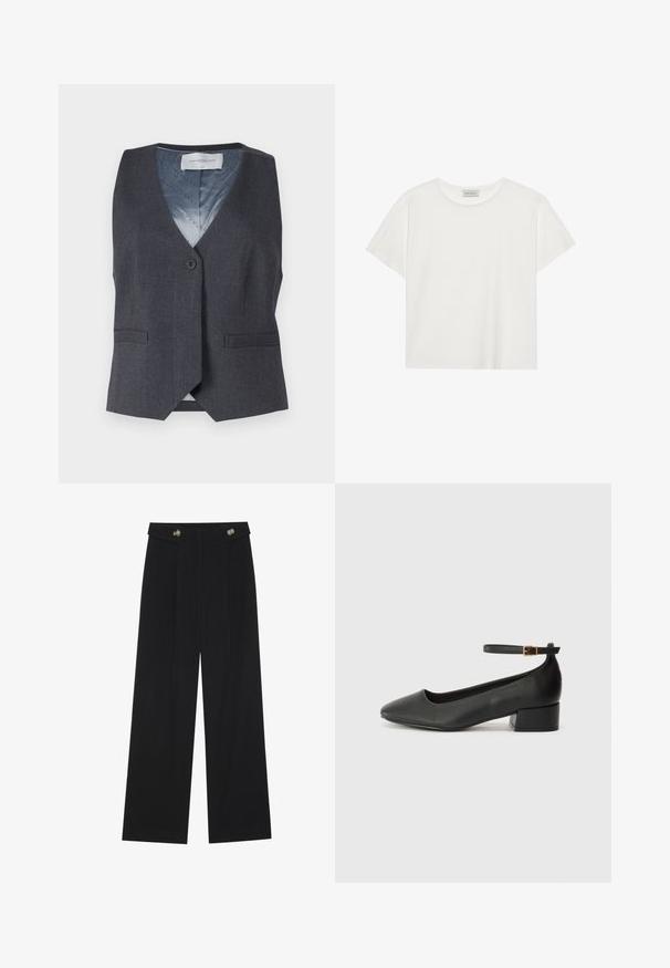 Hall vest, mille V-kaelusega, ühe eesnupuga ja kahe külgtaskuga. Siseosa on sinise voodriga, millel on peene muster.; Valge lühikeste varrukatega t-särk, mis on valmistatud pehmest puuvillast. Omab ümmargust kaelust ja mugavat lõiget. Puhtad jooned, ilma nähtavate mustrite või aktsentideta.; Mustad laiad püksid kõrge vöökoha ja nööpdetailidega vööandil, esikortsudega.; Must mustaapp, millel on terav nina ja madal blokk-kand. Omab pahkluu rihma koos kuldse tooni pandlaga. Sile tekstuur.