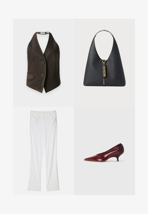 Chaleco marrón sin mangas hecho de tela texturizada, con un escote en V profundo, dos bolsillos frontales y dos botones negros en la parte delantera.; Cárdigan marrón con escote en V, cierre de botones, mangas largas y forro interior oscuro en contraste. Textura suave, material ligero.; Pantalones flared blancos con una textura de tela suave, con dos bolsillos frontales y una cinturilla cosida para un ajuste ceñido.; Bomba de piel burdeos con punta afilada y un tacón bajo y curvado. Textura suave con un acento oscuro en el tacón.; Bolso de hombro de cuero negro con una correa ancha, herrajes dorados y dos etiquetas colgantes grabadas con "LOVE MOSCHINO" en letras doradas.