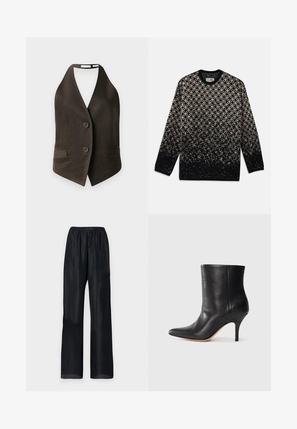 Gilet marrone senza maniche realizzato in tessuto testurizzato, con scollatura a V profonda, due tasche frontali e due bottoni neri davanti.; Maglione lavorato a maglia con un motivo a rombi in beige e nero, con una sfumatura di colore graduale. Collo a giro e maniche lunghe. Texture morbida.; Pantaloni neri leggeri con una vestibilità rilassata, dotati di una cintura elastica e due bottoni frontali. Texture liscia con un design a gamba dritta.; Stivale alla caviglia in pelle nera con punta affilata, sottile tacco a stiletto e superficie liscia. Design minimalista senza hardware o accenti visibili.