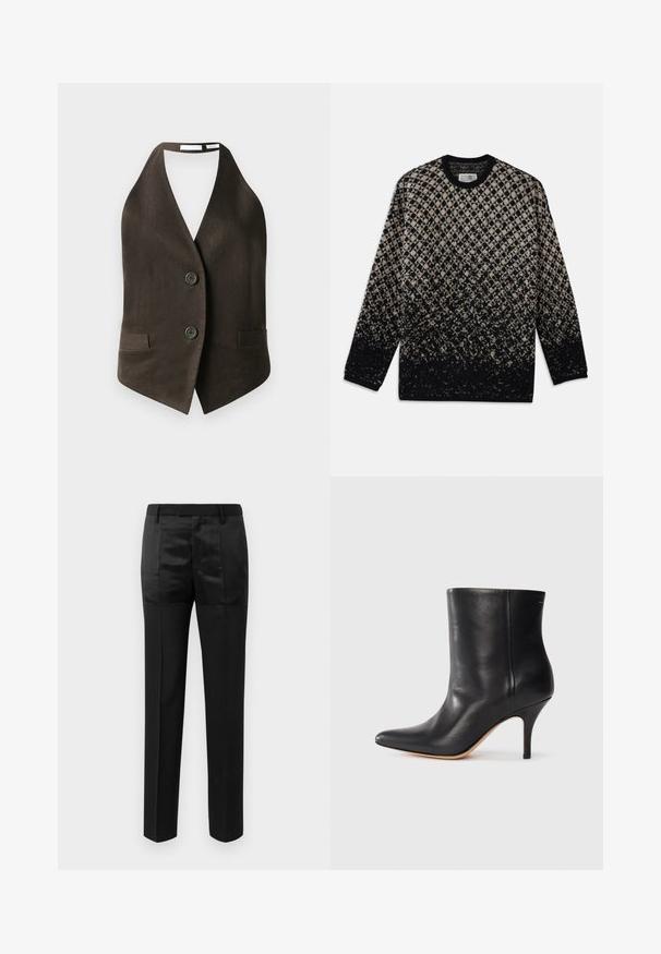 Pruun ilmaõlgadega vest, mis on valmistatud tekstuurilisest kangast, sügava V-dekolteega, kahe eesmise tasku ja kahe musta nööbiga ees.; Kootud sviiter, millel on beez ja musta värvi teemantmuster ning järkjärguline värvifadeerumine. Ümar kaelus ja pikad varrukad. Pehme tekstuur.; Mustad ülikondpüksid sirgete jalgadega ja vöökoht, millel on vööaasad, koos mattide ja läikivate kangaste paneelidega.; Must musta jalatsid terava ninaga, õhukese stiletto kontsaga ja siledast nahast. Minimalistlik disain ilma nähtava riistvarata või aksessuaarideta.