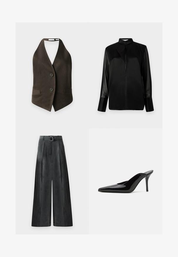 Brown sleeveless vest made of textured fabric, featuring a deep V-neck, two front pockets, and two black buttons at the front.; Black blouse with a stand-up collar, long sheer sleeves, bow tie detail at the neck, made of smooth satin fabric, front button closure.; Wide-leg trousers in dark gray, featuring a smooth texture, pleats, and a belt with a silver buckle at the high waist.; Black patent leather high-heeled mule with a pointed toe and a sleek silhouette, featuring an open back and a slender stiletto heel.