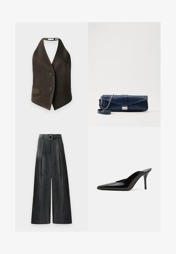 Bruine mouwloze vest gemaakt van textuurstof, met een diepe V-hals, twee voorzakken en twee zwarte knopen aan de voorkant.; Zwarte blouse met een opstaande kraag, lange doorschijnende mouwen, strikdetail bij de hals, gemaakt van gladde satijnen stof, sluiting met knopen aan de voorkant.; Wijde broek in donkergrijs, met een gladde textuur, plooien en een riem met een zilveren gesp op de hoge taille.; Zwarte gepatineerde leren hoge hak muiltjes met een spitse neus en een slanke silhouet, met een open achterkant en een slanke stilettohak.; Marineblauwe leren clutch met een krokodillenstructuur, zilveren kettingriem en metalen sluiting. Rectangulaire vorm met een omgevouwen ontwerp.