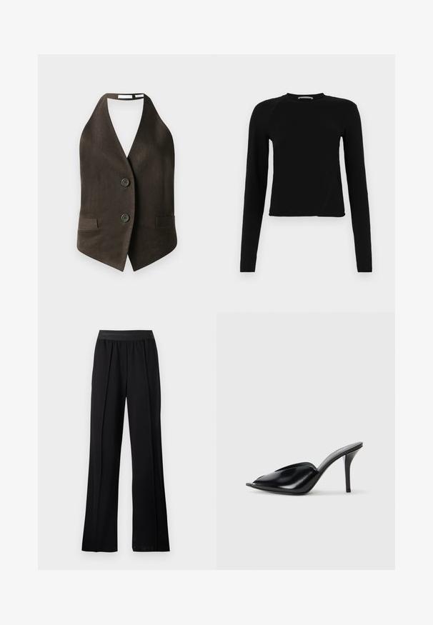 Brun ærmeløs vest lavet af tekstureret stof, med en dyb V-hals, to forlommer og to sorte knapper foran.; Sort langærmet crop top lavet af blødt stof, med en rund halsudskæring og en let asymmetrisk kant med en subtil logo-detail.; Sorte brede bukser lavet af glat stof med en strækbar elastik. Har folder for ekstra volumen og bevægelse, uden synlige mønstre eller detaljer.; Sorte læder højhælede mules med åbent tådesign, spidse former, glat tekstur og en slank stiletto hæl.