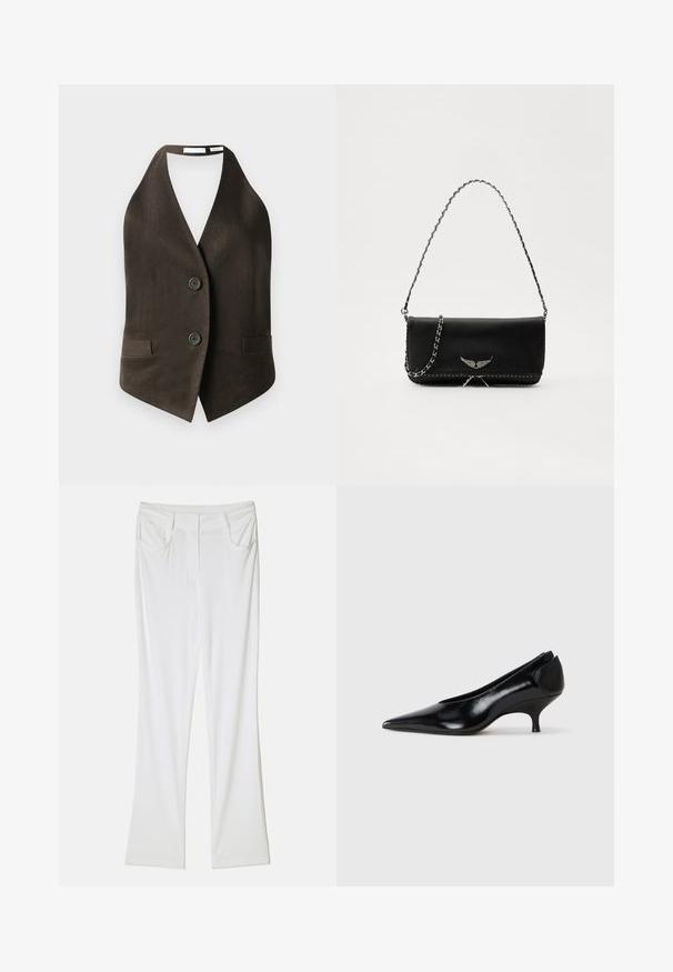 Brūns bezpiedurkņu žakets, kas izgatavots no teksturēta auduma, ar dziļu V-veida kakla izgriezumu, divām priekšējām kabatām un divām melnām pogām priekšā.; Melnā kroptā garā piedurkņu blūze ar augstu kaklu. Izgatavota no stiepjama auduma, ar aizmugures rāvējslēdzēju un sānu atvērumiem.; Baltas izplūdušas bikses ar gludu auduma struktūru, kas aprīkotas ar divām priekšējām kabatām un šūtu jostu, lai nodrošinātu pieguļošu izskatu.; Melna ādas kurpe ar izteikto purngalu, zemu papēdi, elegantu dizainu un gludu tekstūru. Iespējama vilkšana ar rokām, bez redzamām detaļām.; Melnas ādas rokassomā ar sudraba ķēdes siksnu, kurai ir dekoratīvi spārnu akcenti un baltā šuvēšana apakšējā šuvē.