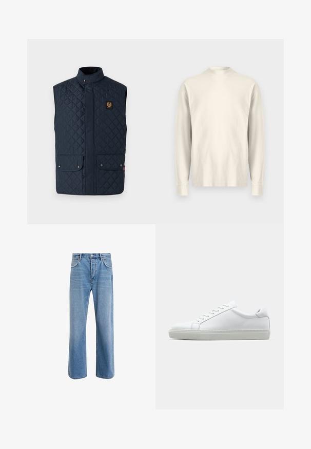 Tamsiai mėlynas siuvinėtas liemenė su stovinčiu apykakle, dviem priekiniais snap užtrauktukais ir logotipo štampu. Lygus paviršius su deimantų rašto detalėmis.; Ilgų rankovių, su apykakle, šviesiai kreminės spalvos medvilnės marškiniai. Švelni tekstūra, laisvas fitas, minimalus dizainas, be matomų raštų ar akcentų.; Šviesiai mėlyni džinsai su tiesiu kirpimu, penkios kišenės, mygtuko užsegimas, minimalus blukimas ir kontrastingi siuvimo detalės.; Baltas sportinis batelis su lygiu odiniu paviršiumi ir žemu profiliu. Turi suapvalintą pirštą, šešis akių skyrius ir tekstūruotą gumos padą.