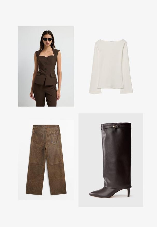 Kvinde iført brun ærmeløs knap-top med matcher bukser og sorte katteøje solbriller, stående mod hvid baggrund.; Hvid langærmet top med bådudskæring. Lavet af blødt materiale, harflammende ærmer og en lige kant, hvilket giver et enkelt og alsidigt design.; Brune læder vide bukser med to baglommer og synlig syning, vist fra bagsiden på en hvid baggrund.; Sort læder knæ-høj støvle med spids tå og slank hæl. Har en fold-over top med en guldfarvet spændeaccents. Glat tekstur.