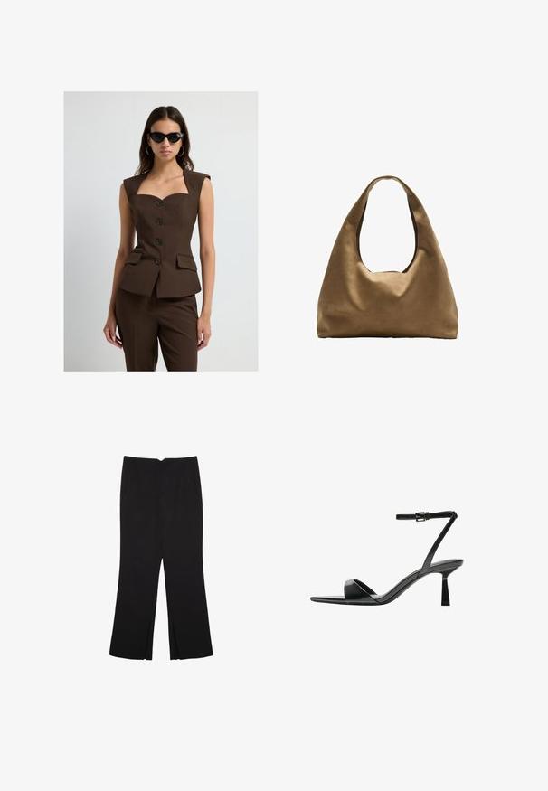 Donna che indossa un top senza maniche marrone con bottoni abbinato a pantaloni della stessa tonalità e occhiali da sole neri a forma di gatto, in piedi davanti a uno sfondo bianco.; Top cropped nero a maniche lunghe con scollatura tonda, design semplice e orlo leggermente curvo.; Pantaloni neri a gamba dritta, con tasche frontali e spacchi laterali all'orlo. Realizzati in tessuto morbido e liscio. Adatti a diverse occasioni.; Bershka Sandali con tacco - black; Borsa a spalla in tessuto marrone con un corpo ampio e arrotondato e una grande maniglia a taglio. Texture morbida, design minimalista e senza hardware visibile.