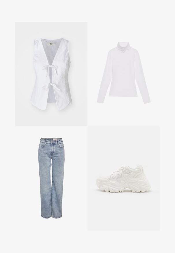Vit linnetopp utan ärmar med djup V-ringning, knytframslutning och slät textur. Har två framfickor och rundad nederkant.; Vit långärmad polotröja gjord av ett smidigt, stretchigt material. Har en hög krage och åtsittande design, utan synliga mönster eller dekorationer.; Ljusblå vida jeans i denim med hög midja, femficksdesign och subtila blekningar för en använd look.; Vita voluminösa sneakers med en strukturerad ovandel, meshpaneler och tjocka gummisulor med ett framträdande mönster. Snören och dragflik ingår.