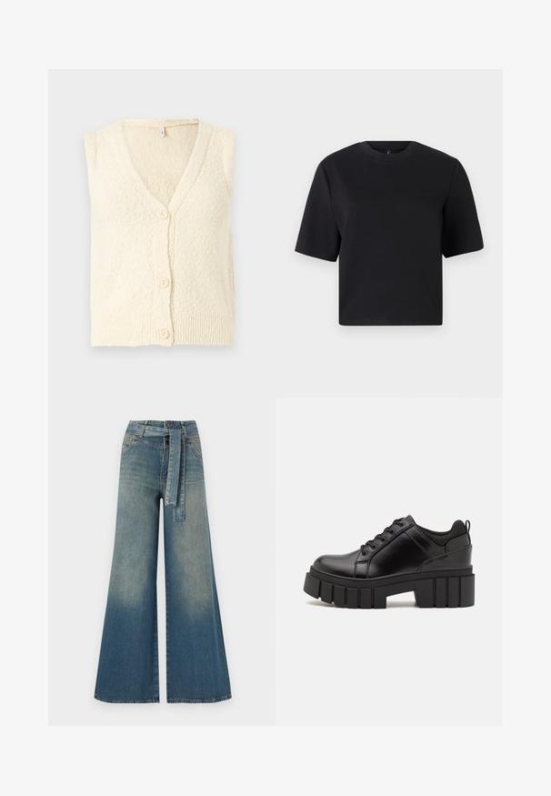 Kermanvärinen ilmanhihaista neuleliivi, jossa on V-pääntie, teksturoitu neulekangas ja kolme suurta nappia edessä. Hieman ribbaustekniikalla viimeistelty helma.; Musta lyhythihainen t-paita, pyöreä kaula-aukko, valmistettu sileästä puuvillakankaasta; rento istuvuus, minimalistinen muotoilu, ei näkyviä kuvioita tai yksityiskohtia.; Yksiväriset farkut leveällä lahkeella, joissa on vaaleasta tummansiniseen häipyvä väri, korkea vyötärö, vyölenkit ja yhteensopiva kangasvyö. Rakennefarkkujen pinta.; Mustat nahkakengät, joissa on lättihenkinen korko, pyöreä kärki ja perinteinen nauhakiinnitys. Ominaisuuksiin kuuluu sileä pintakuvio ja minimaalinen yksityiskohtaisuus.