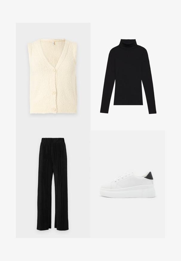 Kreemivärvi ilmavarrukatega kardigan V-kaelusega, tekstuurse kootud kangaga ja kolm suuret nööpi ees. RibikantDetail.; Mustavööne, pika varrukaga kõrge kaelusega T-särk, mis on valmistatud ribakanga materjalist, omab sobivat disaini ja ei sisalda mustreid ega aksessuaare.; Mustad pleekitud püksid elastse vöökohtaga. Omavad laiad jalad ja sujuvat, tekstureeritud kangast vertikaalsete triipudega.; Valged platvormsneakerid, mis on valmistatud siledast sünteetilisest materjalist, ovaalse toe, paelkinnise disaini ja tekstuurse kummitaldiga. Must kontsrihm.