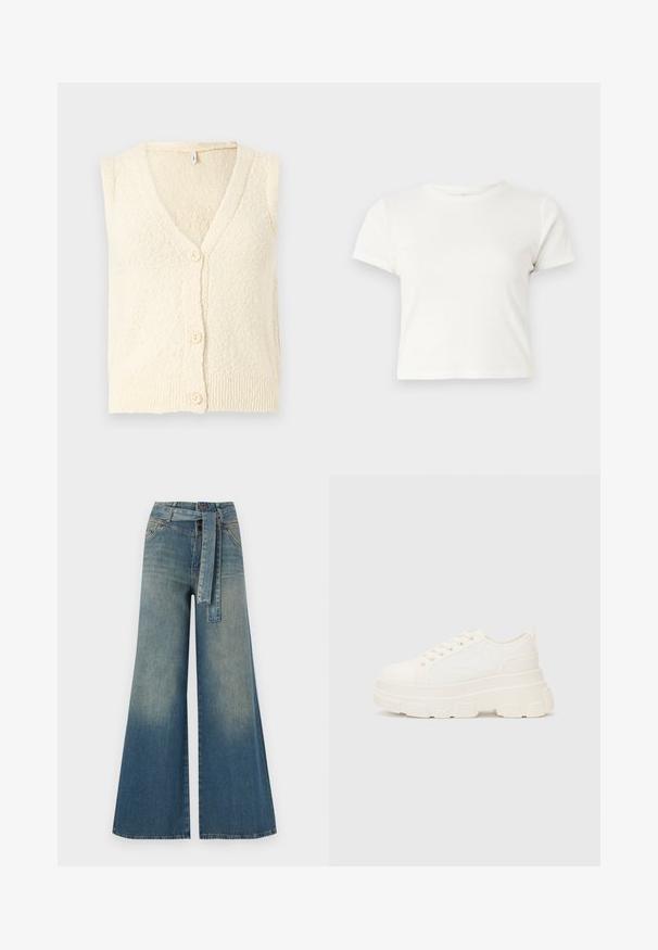 Krém színű, ujjak nélküli kardigán V-nyakkal, texturált kötött anyagból, három nagy gombbal az elülső részen. Bordás szegély részlet.; Rövid, fehér, pamut póló, rövid ujjakkal, kerek kivágással és egyenes szegéllyel, sima textúrával és letisztult dizájnnal.; Bőszárú farmernadrág, világos és sötétkék árnyalatokkal, magas derekú, övgyűrűkkel és a nadrággal megegyező anyagú övvel. Textúrált farmer kivitel.; Fehér vászon sportcipő vastag talppal, lekerekített orral és öt fűzőlyukkal. Hátulján egy fül a könnyű felvétel érdekében. Simára kidolgozott textúra, minimális dizájn.