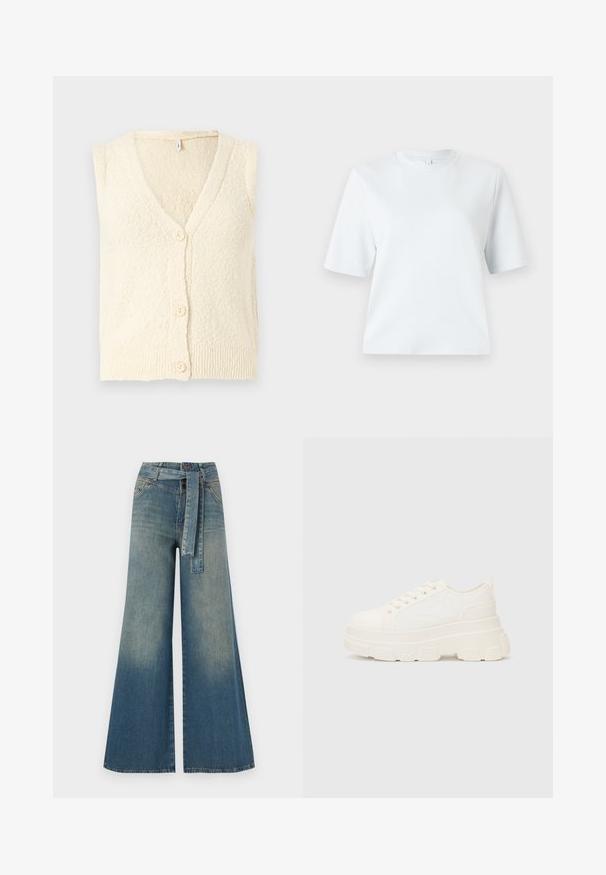 Cremfarbener ärmelloser Cardigan mit V-Ausschnitt, strukturiertem Strickstoff und drei großen Knöpfen auf der Vorderseite. Rippdetails am Saum.; Hellblaues T-Shirt mit kurzen Ärmeln aus weicher Baumwolle. Es hat einen klassischen Rundhalsausschnitt und eine lockere Passform, ohne Muster oder Akzente.; Weit geschnittene Denim-Hosen mit einem Farbverlauf von hellblau zu dunkelblau, hoher Taille, Gürtelschlaufen und einem passenden Stoffgürtel. Strukturierte Denim-Oberfläche.; Weiße Leinensneaker mit einer massiven Sohle, abgerundeter Spitze und fünf Ösen für Schnürsenkel. Hinterer Tab für ein einfaches Anziehen. Glatte Textur, minimalistisches Design.