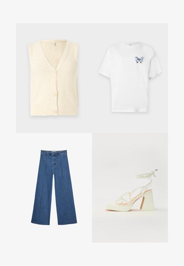 Krémová bezrukávová cardigan s výstrihom do V, textúrovaným pleteným materiálom a tromi veľkými gombíkmi na prednej strane. Detail rebrového lemu.; Biela bavlnená tričko s farebnou potlačou motýľa na ľavej hrudi. Krátke rukávy a uvoľnený strih.; Rovné džínsy s širokými nohavicami v strednom modrom odtieni, so zvýšeným pásom, zapínaním na gombík a kontrastnými vertikálnymi švami pozdĺž prednej strany.; Biele sandále na vysokom opätku s hrubým podpätkom, s pruhovaným dizajnom a viazaním na členku. Hladký povrch s platformou vpredu pre zvýšenú výšku.